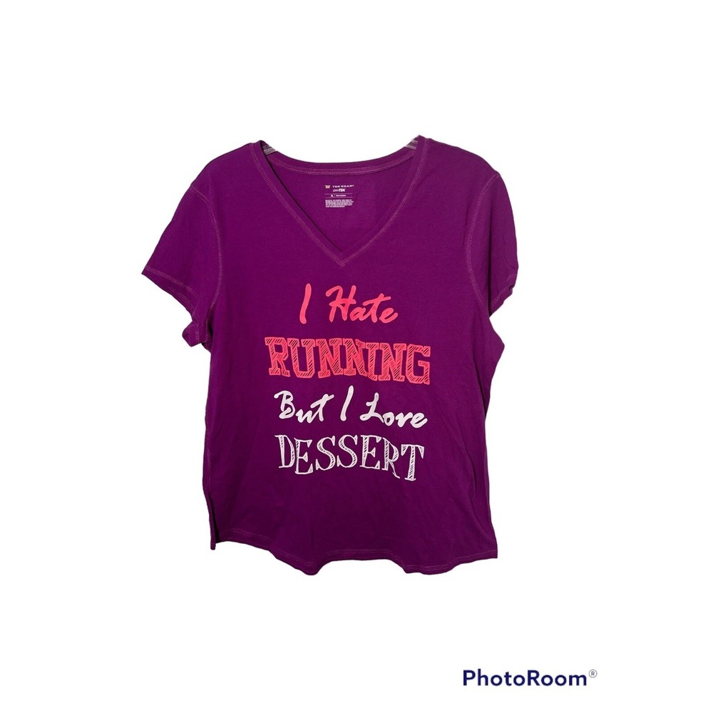 Tek Gear DryTek Womens XL Purple Graphic V-Neck T-Shirt I Hate Running Dessert